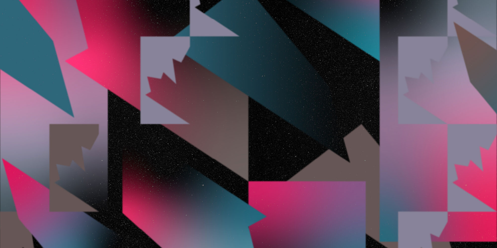 Abstract digital art with large arrow shapes in shades of pink, blue, and gray on a black, slightly speckled background. The arrows overlap, creating a layered, geometric pattern with soft gradients.