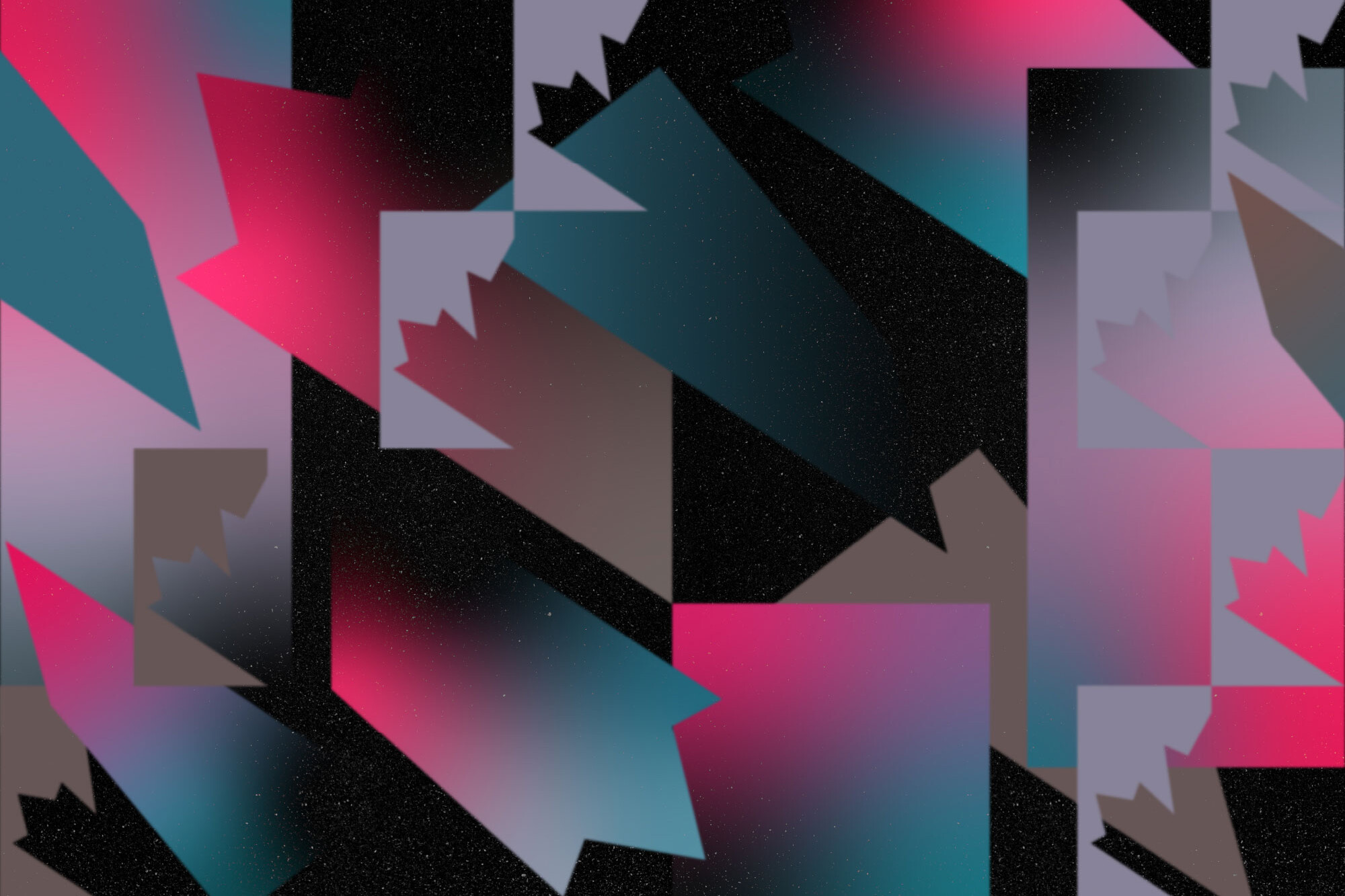 Abstract digital art with large arrow shapes in shades of pink, blue, and gray on a black, slightly speckled background. The arrows overlap, creating a layered, geometric pattern with soft gradients.