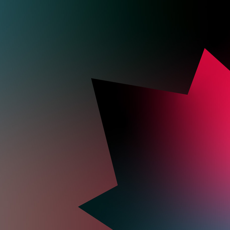 Abstract image featuring a geometric shape resembling a stylized maple leaf in red and black, set against a gradient background that transitions from teal and brown to dark black.