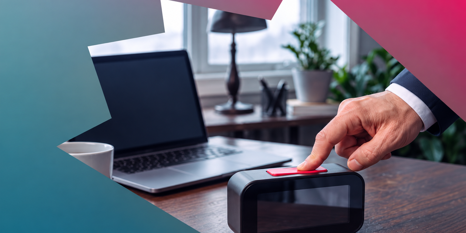 Hand pressing the red snooze button on an alarm clock beside a laptop, framed in teal and magenta.