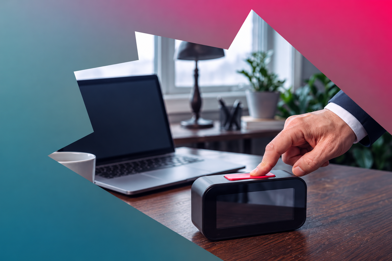 Hand pressing the red snooze button on an alarm clock beside a laptop, framed in teal and magenta.